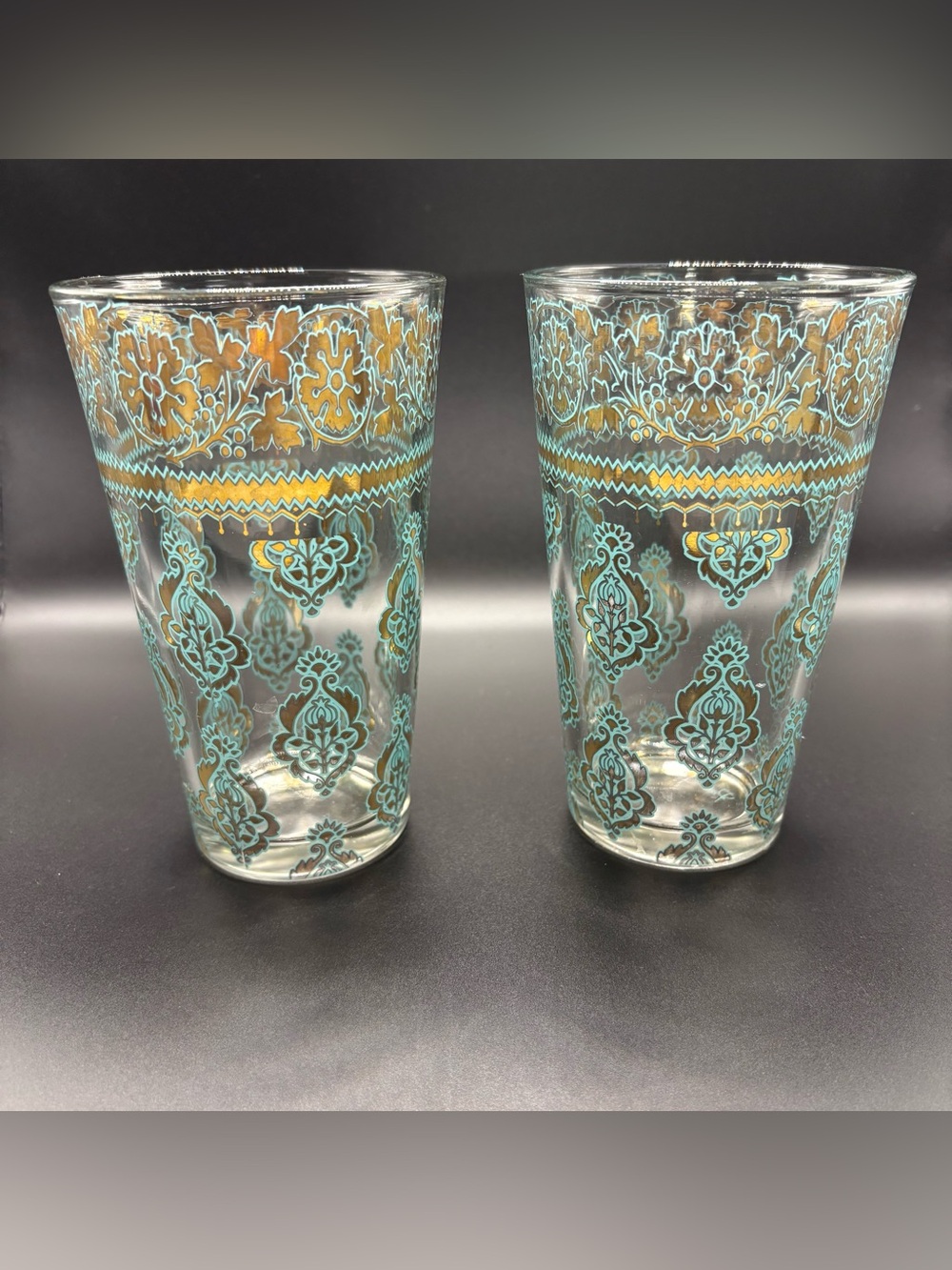 Anthropologie Patina Vie Liselotte Highball Glasses - Set of 2 Teal & Gold